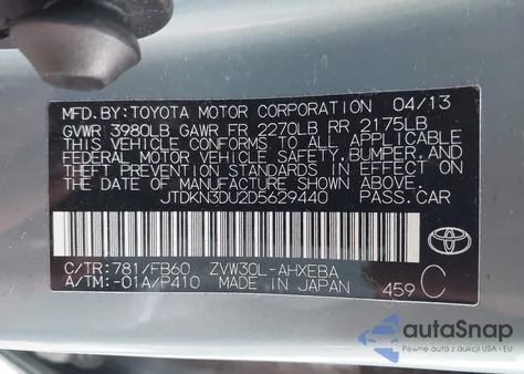 2013 Toyota Prius Two from USA, damaged, VIN JTDKN3DU2D5629440